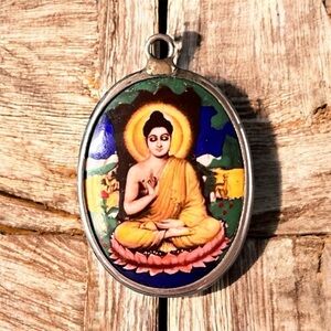 Vintage Buddha Lotus Pendant Silver Tone Medallion Spiritual Charm